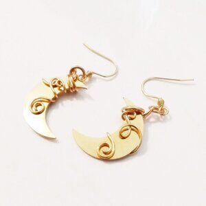 Wire Wrapped Crescent Moon Dangle Earrings! Feminine Gold on Gold Color Scheme!